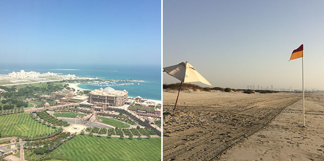 From left: Emirates Palace, Abu Dhabi; Saadiyat Island beach, Abu Dhabi. Photos: Marily Konstantinopoulou